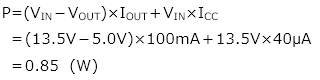 P=(VIN－VOUT)×IOUT＋VIN×ICC＝(13.5V－5.0V)×100mA＋13.5V×40µA＝0.85　(W)
