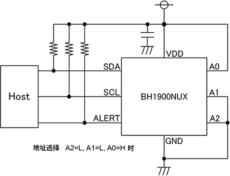 デジタル出力温度センサIC、BH1900NUXの応用回路例