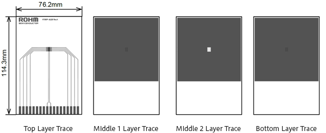 ROHM Solution Simulator（RSS）を使ったシミュレーション。リニアレギュレータの熱シミュレーション：Top Layer Trace、Middle 1 Layer Trace、Middle 2 Layer Trace、Bottom Layer Trace