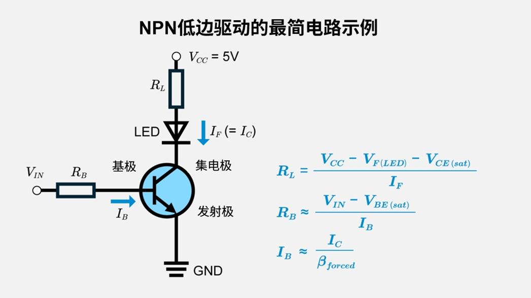 NPN低边驱动的最简电路（5V、LED、电阻）