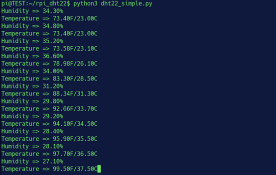 DHT22 runtime terminal output